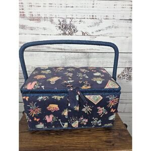 VTG Floral Wicker & Fabric Sewing Basket Box w/Handle Craft Storage Retro